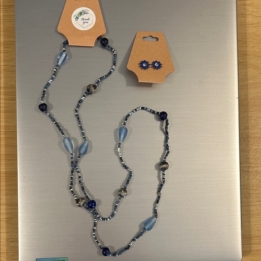 Vintage Blue Beaded Necklace and NWOT Earring Set